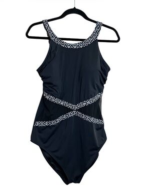 La Vie en Rose Black One-Piece Swimsuit with White Geometric Trim Mesh Sides